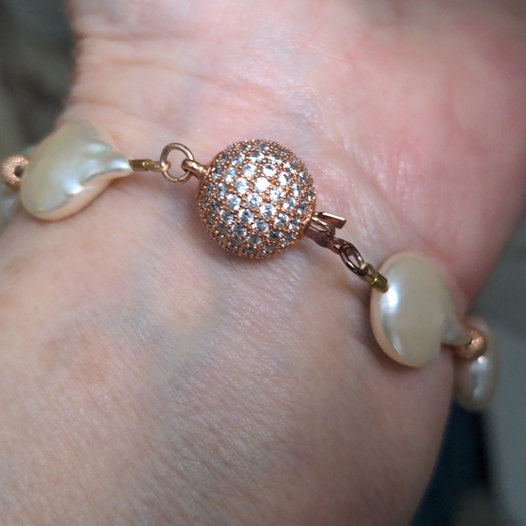 Lustrous Baroque Pearl& Rose Gold Bead Bracelet, Crystal Ball Clasp, 7", New - Picture 4 of 10